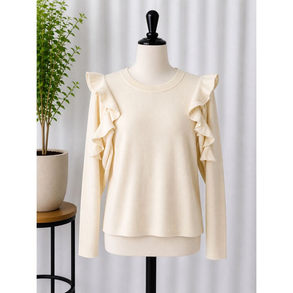 Cupio Women’s Large Ivory Ruffle Sleeve Sweater Cold Shoulder Knit NEW